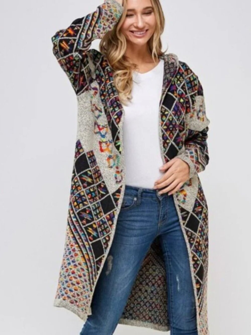 On Blue Rainbow Aztec Hoodie Duster Sweater Sz S